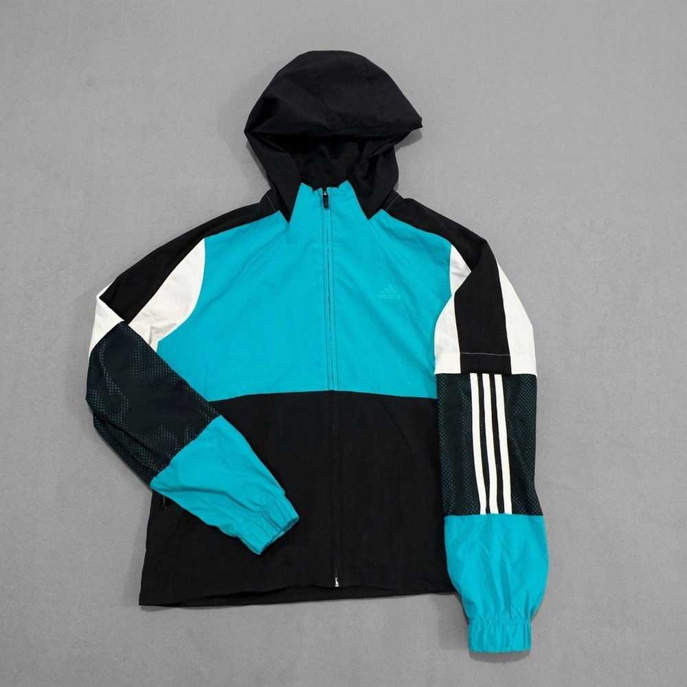 Adidas Womens Teal Black Colorblock Hooded Windbreaker Track Jacket DH8125 M